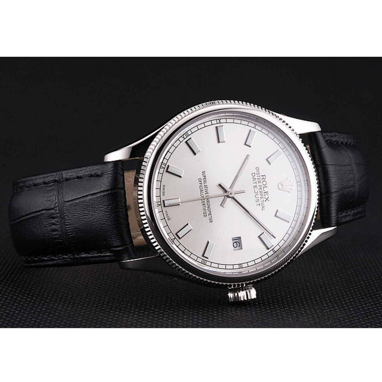 Aaa replica watch Dial Case Datejust Rolex Stainless Swiss Black Steel Strap Leather White 0723